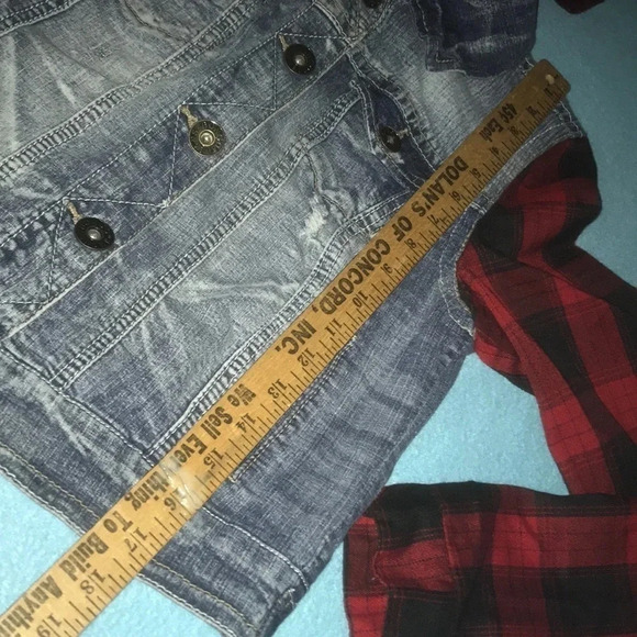 𝅺BONGO denim and plaid button up jacket with detachable hood Y2K size M - Picture 7 of 10